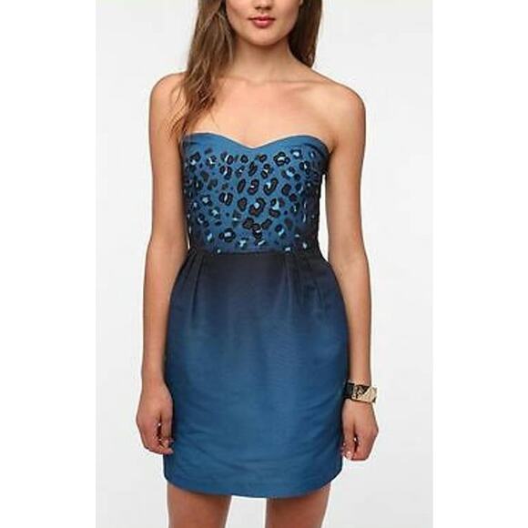 Urban Outfitters UO Silence Noise Strapless Blue Beaded Dress Leopard Print M - Picture 1 of 12